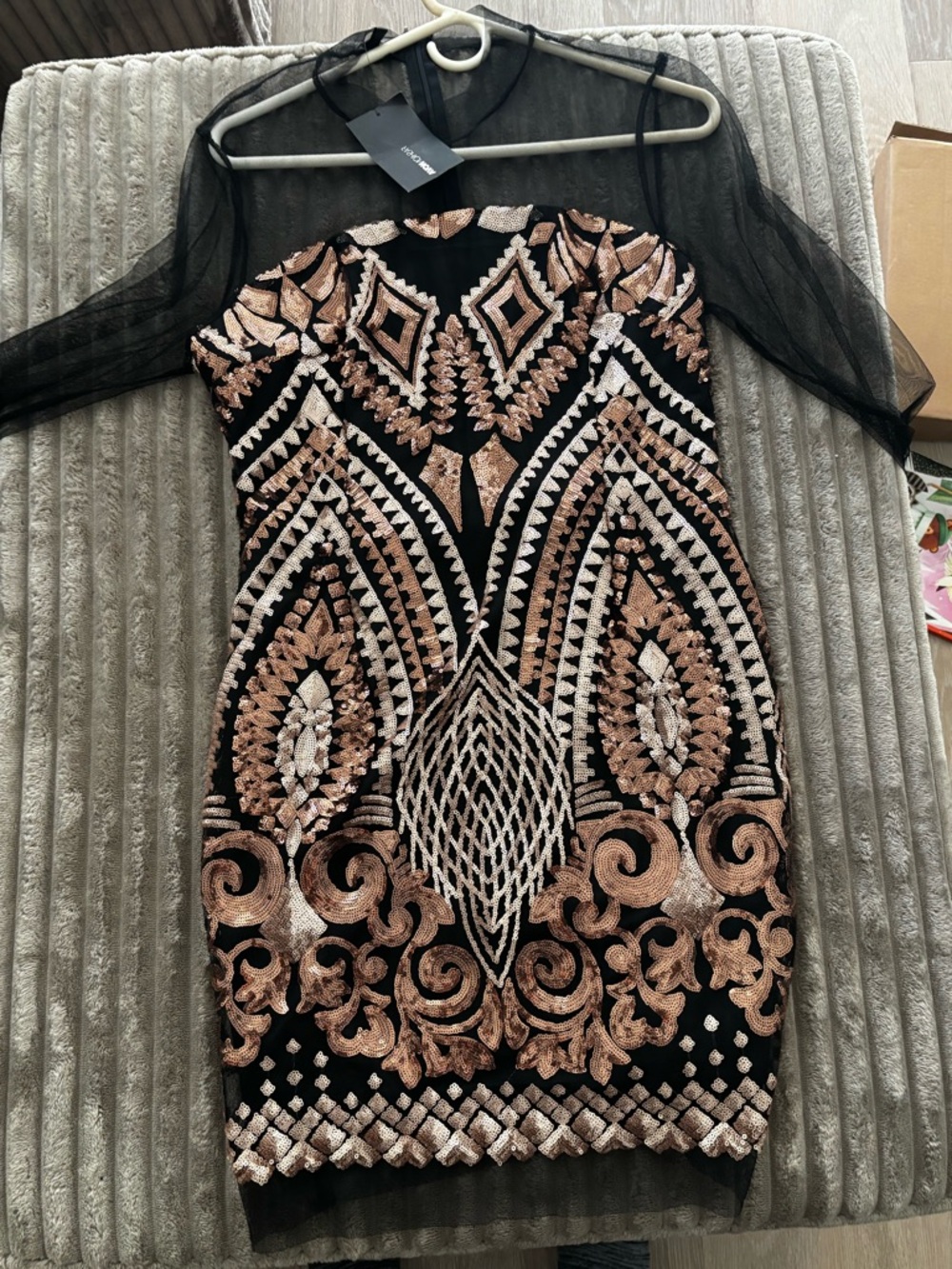 Fashion Nova Black Mini Dress with Rose Gold Sequin Embellishment (Brand New)